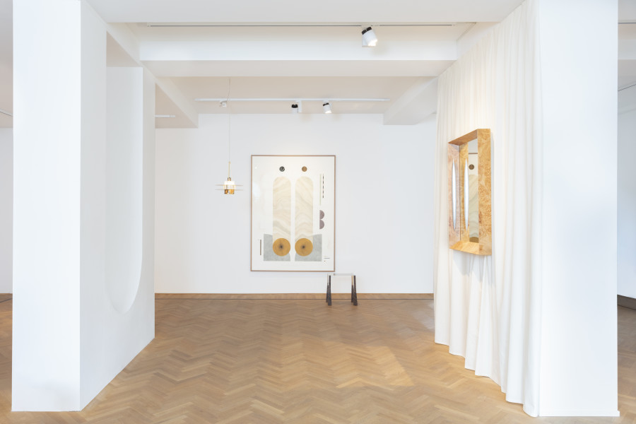 Installation shots of Interior" with works by Elena Alonso, EJR Barnes, Christian Hidaka, Caitlin MacBride, Kilian Rüthemann, Sam Stewart, Laila Tara H, Raphaël Zarka, exhibited at Galerie Fabian Lang, Zurich, (21 April 2023 - 2 June 2023). Credit: Courtesy of the artists and Galerie Fabian Lang. Copyright: © Fabian Lang