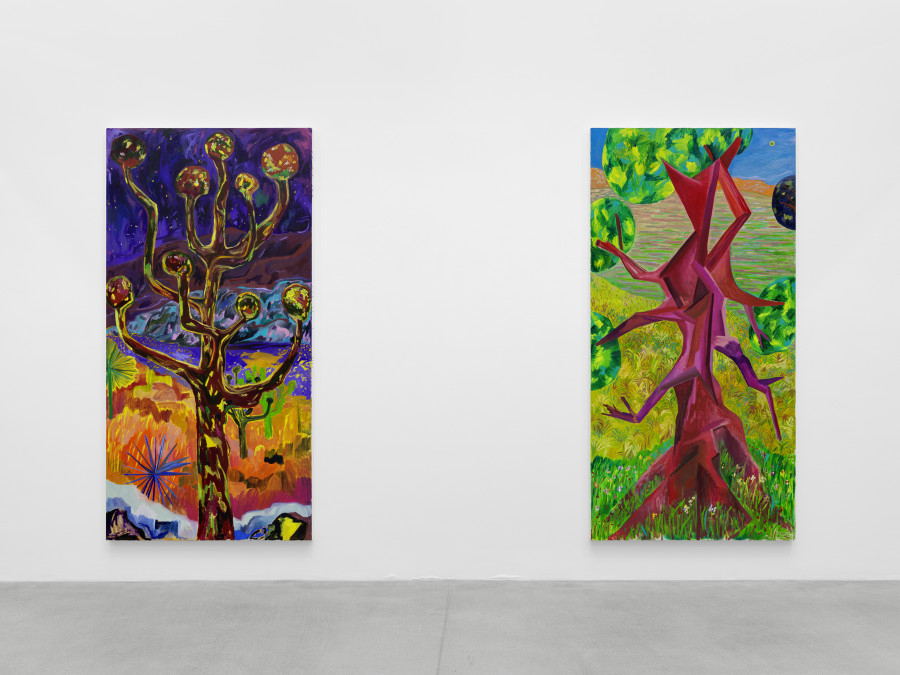 Installation view, Shara Hughes, Tree Farm, Galerie Eva Presenhuber, Waldmannstrasse, Zurich, 2024. © Shara Hughes. Courtesy the artist and Galerie Eva Presenhuber, Zurich / Vienna. Photo: Stefan Altenburger Photography, Zürich