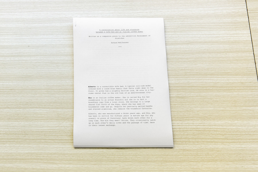 Arnaud Wohlhauser: A conversation about life and standards between a sofa bed and an Italian coffee maker 2025. Courtesy of the artists and Stretcher. Photo: Nina Rieben