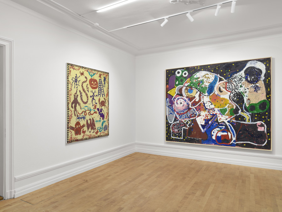 Installation view, Joe Bradley, Austin Eddy, Karen Kilimnik, Ugo Rondinone, Josh Smith, Franz West, Galerie Eva Presenhuber, Troisième Étage, Waldmannstrasse, Zurich, 2025. © the artists. Courtesy the artists and Galerie Eva Presenhuber, Zurich / Vienna. Photo: Stefan Altenburger Photography, Zürich