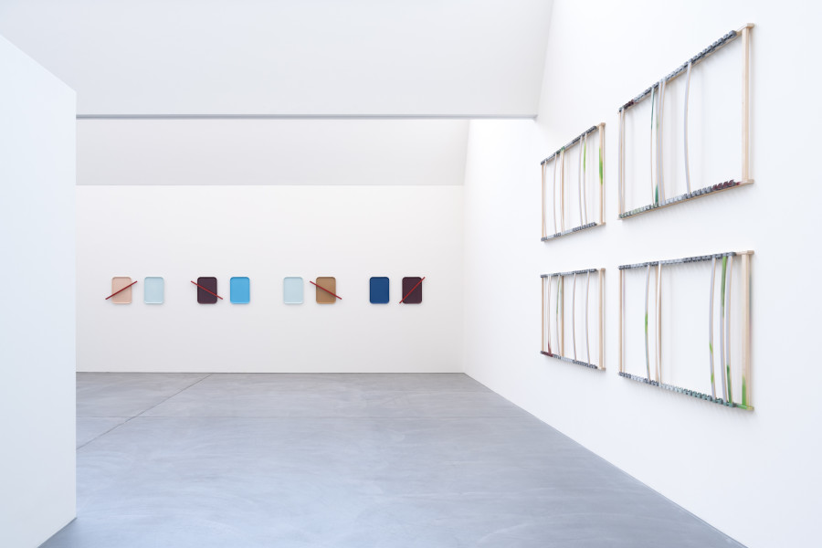 Florian Slotawa, exhibition view, Grammatik einfach erklärt, view on TB_02, 2025, and LR_06, 2026, von Bartha, Basel, 2026. Photo: Finn Curry / von Bartha. Courtesy of the artist and von Bartha.