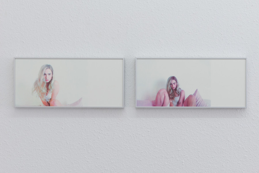 Exhibition view, Moniker, HAMLET, Zürich, 2025. Gaia Del Santo, Addison Rae (after Addison Rae), 1-7, 2025, 7 Risograph prints on Lessebo 240g (10+ 1 AP), 17 x 38 cm