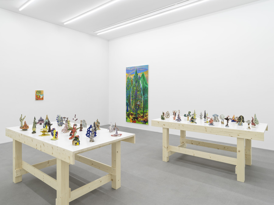 Installation view, Shara Hughes, Tree Farm, Galerie Eva Presenhuber, Waldmannstrasse, Zurich, 2024. © Shara Hughes. Courtesy the artist and Galerie Eva Presenhuber, Zurich / Vienna. Photo: Stefan Altenburger Photography, Zürich
