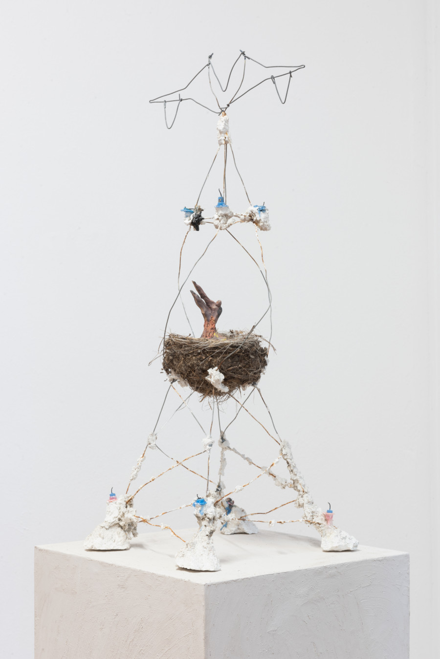 Ugo Gattini, Traliccio
, Gesso, farina, silicone, terracotta, ferro, plastica, cera, fuoco, nido di merlo, 25x65x25cm, 2018-2020.