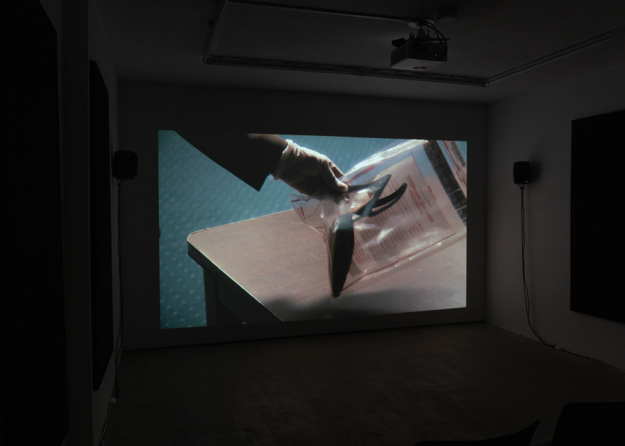 Exhibition view, Jordan Strafer, LOOPHOLE and DECADENCE, Halmet, Zürich, 2025. Jordan Strafer, LOOPHOLE, 2023, 16:9, 24’ 39’’. Photo by Tereza Glazova