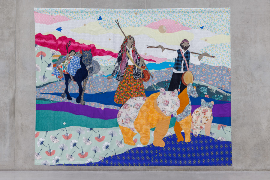 Małgorzata Mirga-Tas, Tełe Ćerhenia Jekh Jag, Exhibition view third floor Kunsthaus Bregenz, 2025, Bears with family on the road like a silver moon, 2025. Photo: Markus Tretter. © Małgorzata Mirga-Tas, Kunsthaus Bregenz. Courtesy of the artist, Foksal Gallery Foundation, Warsaw, Frith Street Gallery, London, Karma International, Zurich