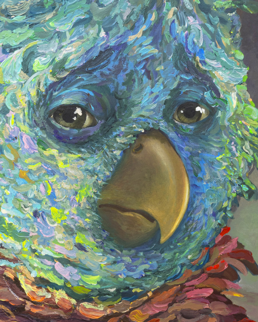 Michele Gabriele, “Portrait of a Parrot. An Unbothered, Sad, and Cringe Parrot. Indifferent to its Context.” (detail), from the Solo Show “Brambora” at Kaly Gallery, Lucerne, CH, Acrylic on canvas, artist frame, 51 1/8 x 44 1/8 in, 130 x 112 cm, 2025. Courtesy of the Artist and Kali Gallery. Photo by Kim da Motta