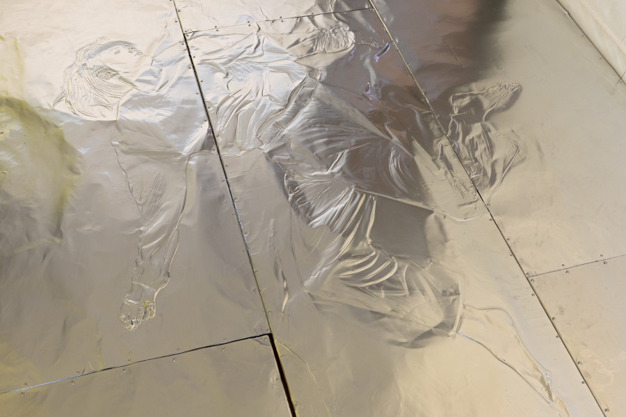Paula Santomé, Bedrock, 2025 (Detail), Handgeprägtes Aluminium /, Handmade embossed aluminium, 530 x 360 cm. Kunst Raum Riehen, 2025. Photo: Gina Folly