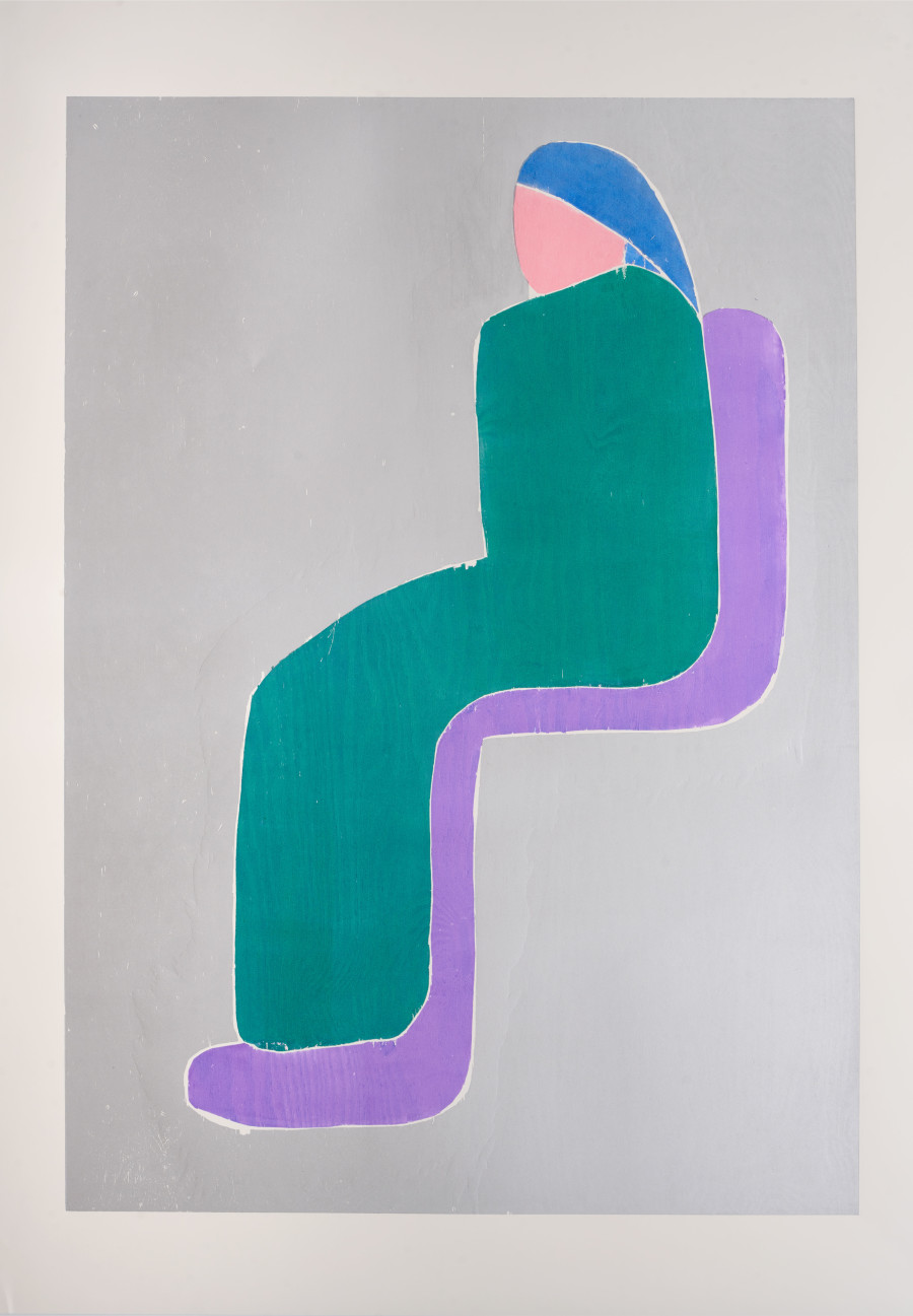 Andrea Büttner, Lady on Matress, 2023, woodcut on paper, 178 x 124 cm, unique in color. Photo: Max Ehrengruber, Courtesy of the artist and Galerie Tschudi