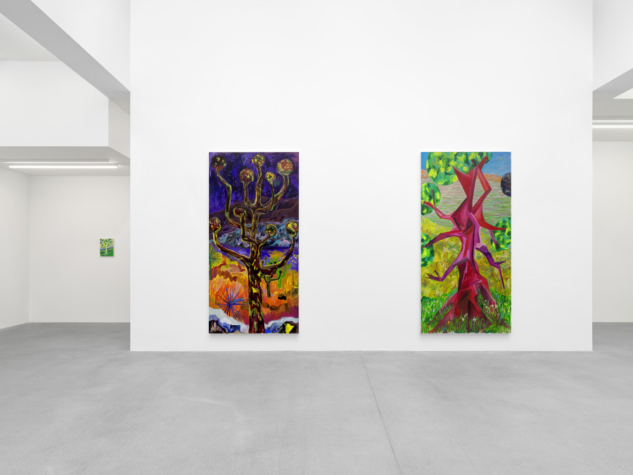 Installation view, Shara Hughes, Tree Farm, Galerie Eva Presenhuber, Waldmannstrasse, Zurich, 2024. © Shara Hughes. Courtesy the artist and Galerie Eva Presenhuber, Zurich / Vienna. Photo: Stefan Altenburger Photography, Zürich