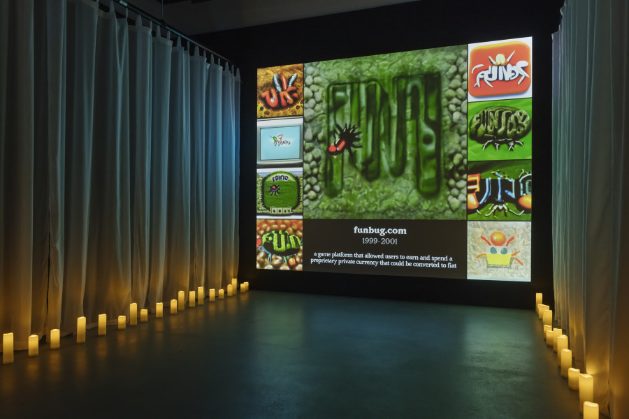 Simon Denny, Guile Twardowski and Cosmographia, Dotcom Séance, 2021-22, exhibition view «Collective Worldbuilding – Art in the Metaverse», 2023, HEK, Photo: Franz Wamhof