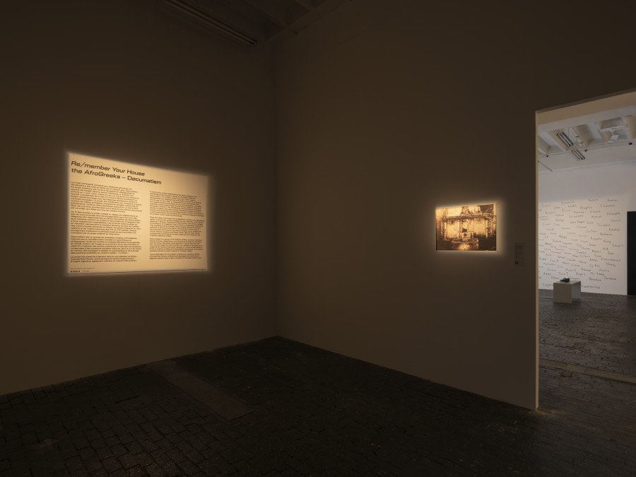 Exhibition view of Re/member Your House with the project the AfroGreeks by Døcumatism and a solo show by Menelaos Karamaghiolis at Centre d’Art Contemporain Genève (November 1st‒December 23, 2023). © Centre d’Art Contemporain Genève. Photo: Julien Gremaud