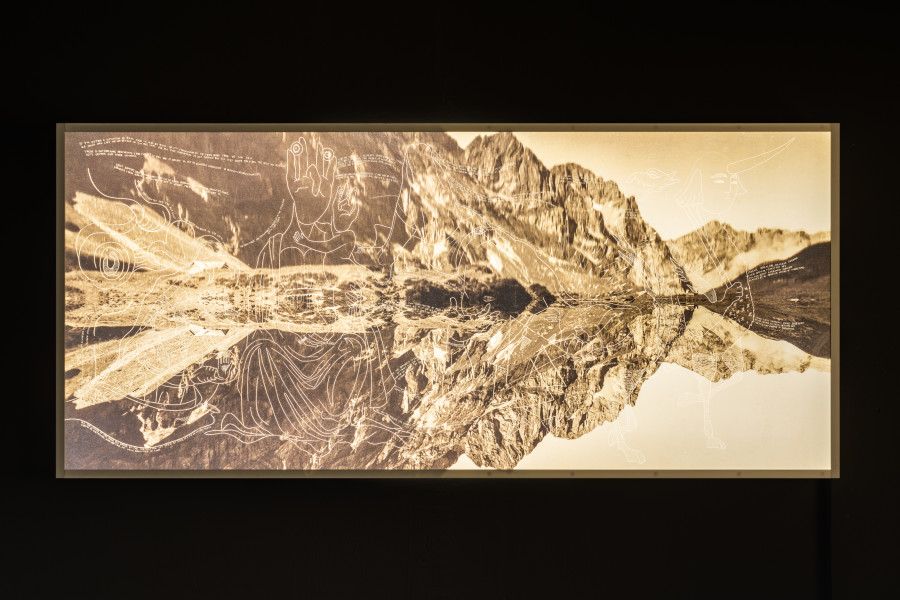 Leila Peacock, As Above So Below - Now..., 2023, Plexiglass LED lightbox drawing scratched into Duraclear prints, 225 x 105 cm. Photo: Kilian Bannwart