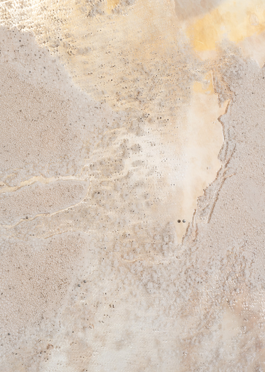 Detail of Lucia Cristiani, Salty Lick, 2025. Etched mirror, sea salt, potassium, brown seaweed, metal spheres, 77x123 cm. Ph by Riccardo Giancola. Images courtesy of artists and La Rada, Photography by Riccardo Giancola (@riccardo_giancola) and Emanuele Finardi (@e.m.hey)