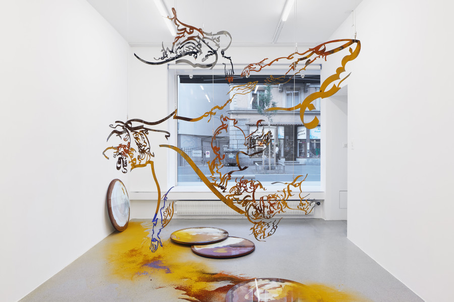 Monia Ben Hamouda, Installation view The Eye, the Hands, the Lunacy of Lunar Sightings, Solo show curated by Anissa Touati, jevouspropose, Zurich, 2022. Courtesy of the artist and ChertLüdde, Berlin. Photo: Hannes Heinzer