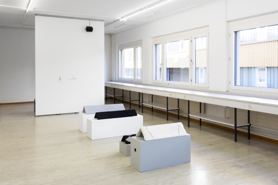 Installation view, Recessment, Stretcher, Basel, 2025. [l.t.r.] Edit Oderbolz: Together 2024 | Hallvard Nuland: I Only Wanted Something Else to do but Hang Around 2023/2025 | Luzie Meyer: Period Piece 2021. Courtesy of the artists and Stretcher. Photo: Nina Rieben