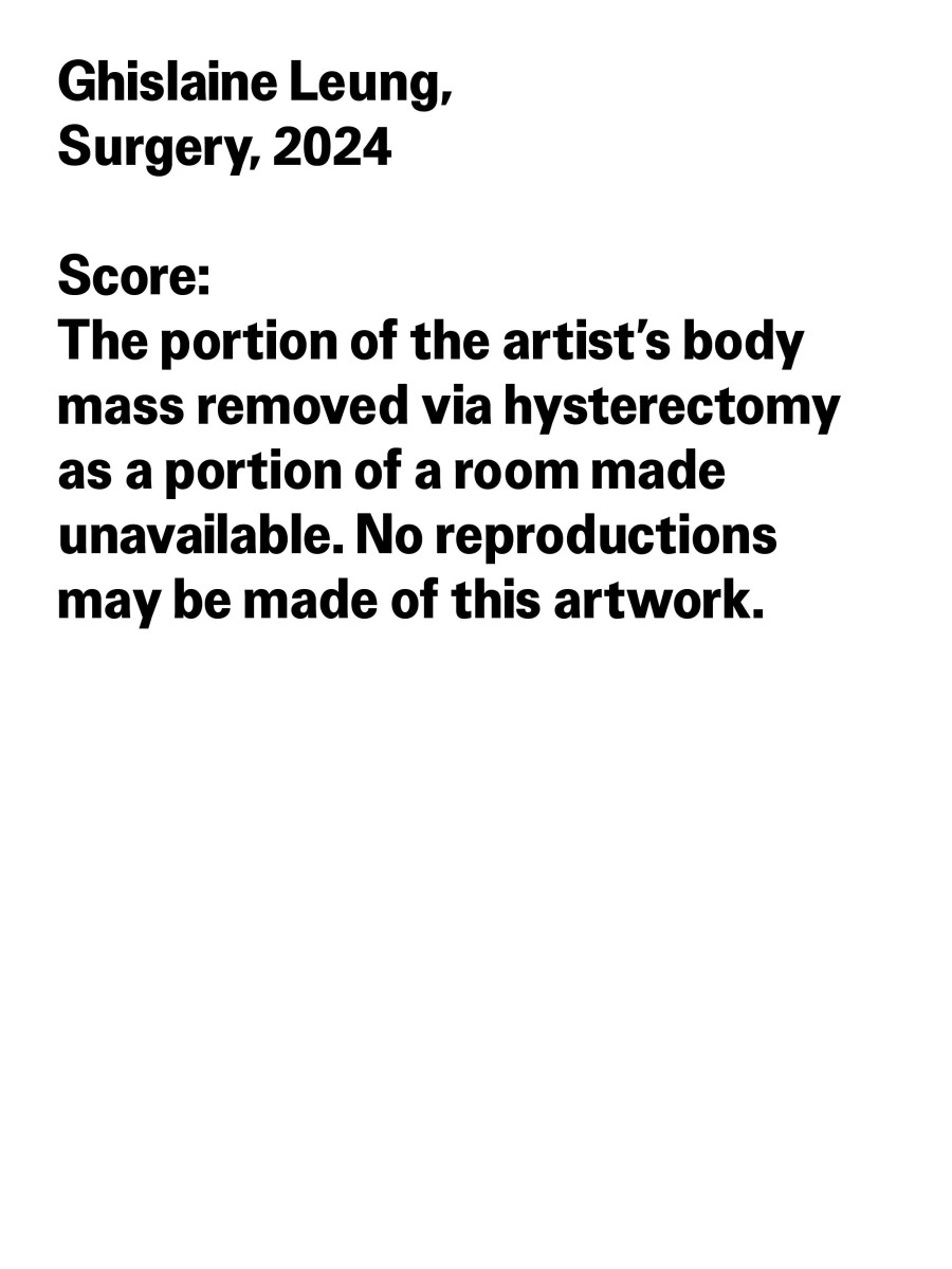 Ghislaine Leung, Surgery, 2024, without image, in: Ghislaine Leung, Commitments, Kunsthalle Basel, 2024. Score: The portion of the artist’s body mass removed via hysterectomy as a portion of a room made unavailable. No reproductions may be made of this artwork. All works courtesy the artist; Maxwell Graham, New York; and Cabinet, London.