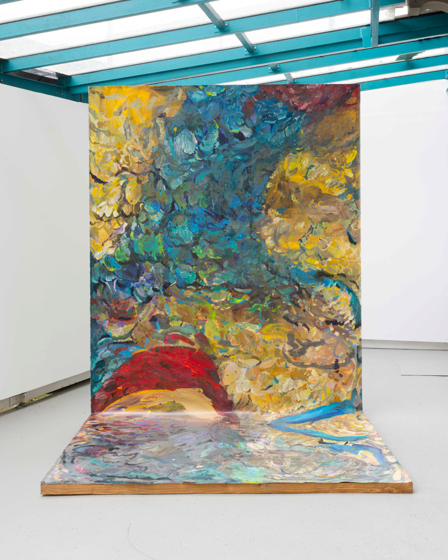 Michele Gabriele, “Study for the Plumage of a Parrot. An Unbothered, Sad, and Cringe Parrot. Indifferent to its Context.”, from the Solo Show “Brambora” at Kaly Gallery, Lucerne, CH. Acrylic on canvas, painted wooden structure, 159 x 78 3/4 x 59 in, 404 x 200 x 150 cm, 2025. Courtesy of the Artist and Kali Gallery. Photo by Kim da Motta