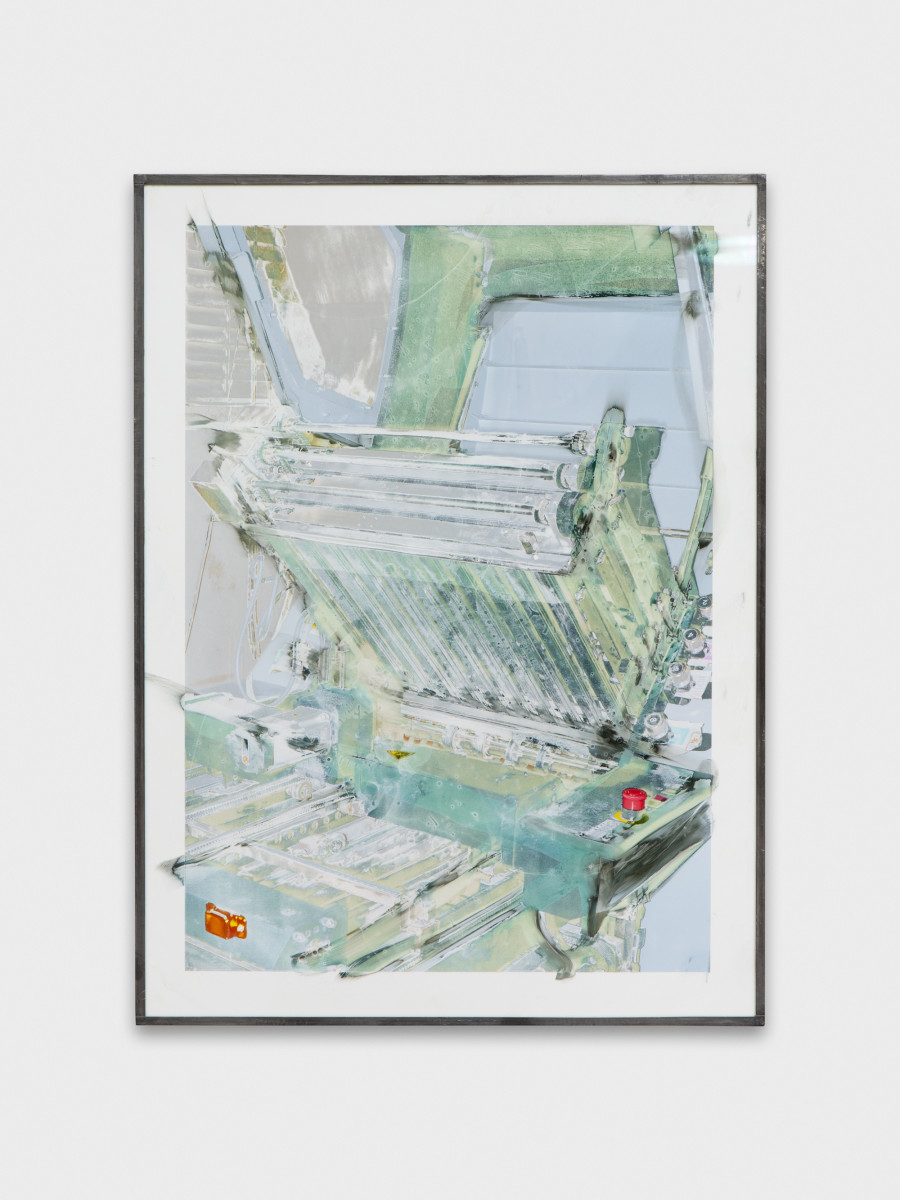 Jean-Vincent Simonet, Untitled (heirloom), 2022, Inkjet print on plastic foil, fingertips intervention, handmade lead frame, anti-reflective glass, 42 × 31cm. Photography: Philipp Rupp / Julien Gremaud. Courtesy of Sentiment and the artist