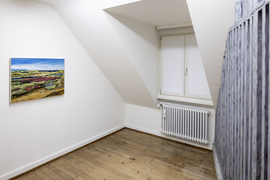 Exhibition View Solo Show Yota Tsotra «Wor(l)ds of borders; view on Yota Tsotra, Landscape of a New World IX, 2025, oil on canvas, 80 cm x 60 cm» at Peripherie 8, Basel, 2025 / Photo: Stefan Schmidlin / Courtesy: Peripherie 8