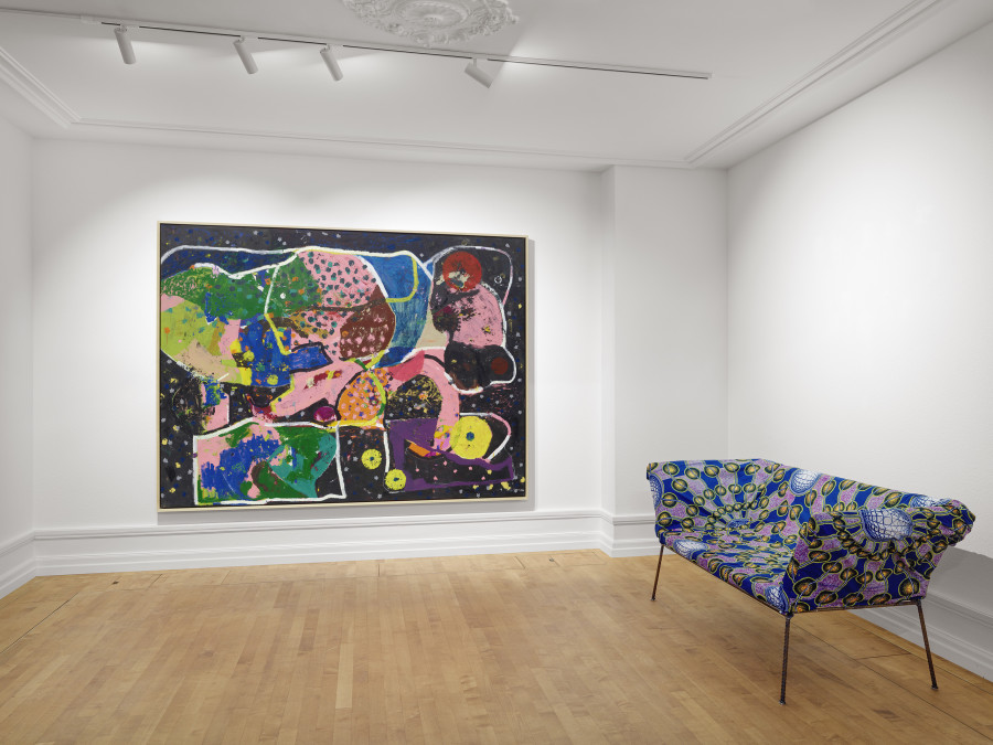 Installation view, Joe Bradley, Austin Eddy, Karen Kilimnik, Ugo Rondinone, Josh Smith, Franz West, Galerie Eva Presenhuber, Troisième Étage, Waldmannstrasse, Zurich, 2025. © the artists. Courtesy the artists and Galerie Eva Presenhuber, Zurich / Vienna. Photo: Stefan Altenburger Photography, Zürich