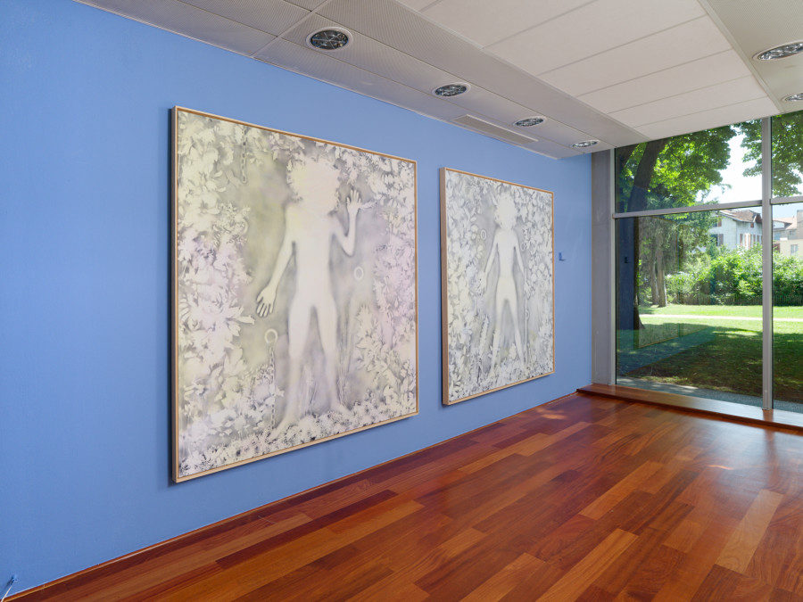 Hippolyte Hentgen, Résistantes, 2021, acrylique et encre sur toile, 195 x 185 cm, vue de l’exposition « Chambre à deux lits » à la Villa du Parc - centre d’art contemporain - Aurélien Mole, 2025