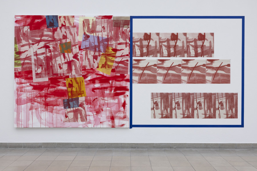 Rochelle Feinstein, The Today Show, installation view, Kunsthaus Glarus, 2025. Photo: Gina Folly. Courtesy the artist and Candice Madey Gallery. Simple Present, 2024, Acrylic, silkscreen on muslin and Kozo paper on canvas, 213.4 x 208.3 cm / 84 x 82 in. Trauma Buddies, Red, Detail / detail, 2024, UV print on fabric, blue painters tape, 213.4 x 208.3 cm / 84 x 82 in