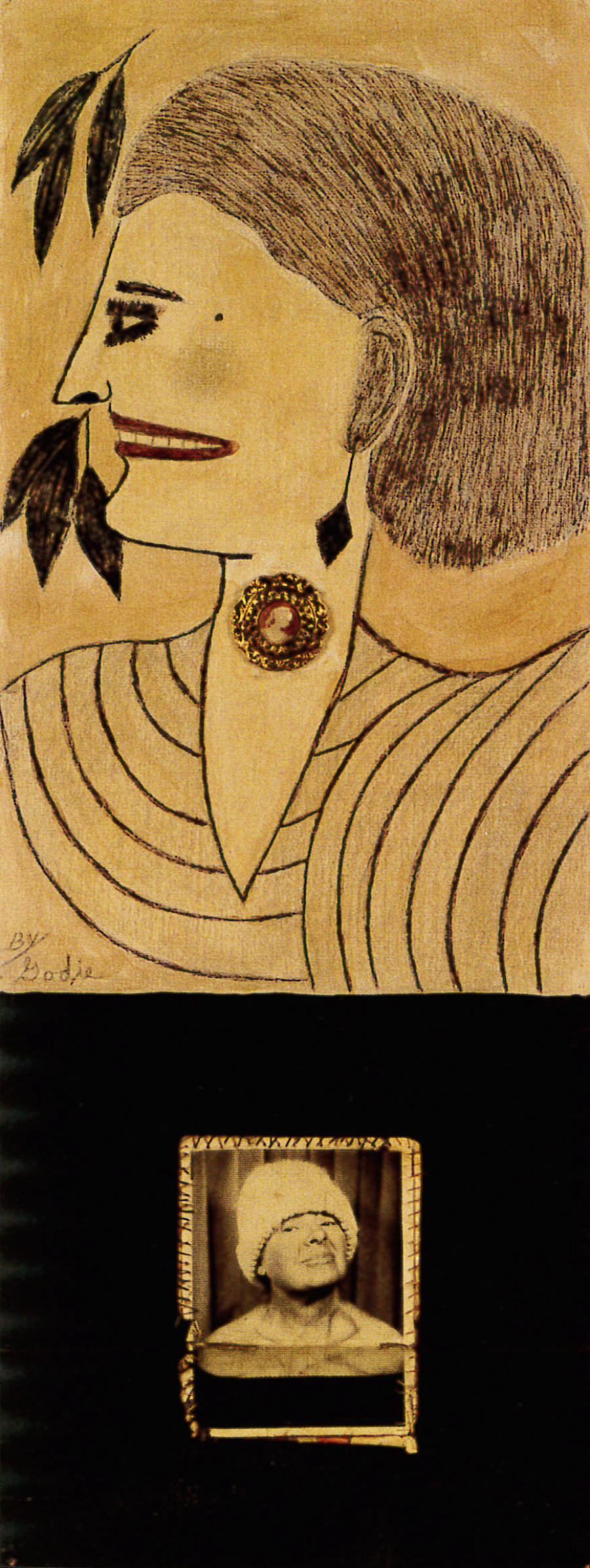 Lee Godie, Smiles, c. 1970-1975 Mixed media and silver print on canvas, 66 x 27.5 cm Collection Eugenie and Lael Johnson