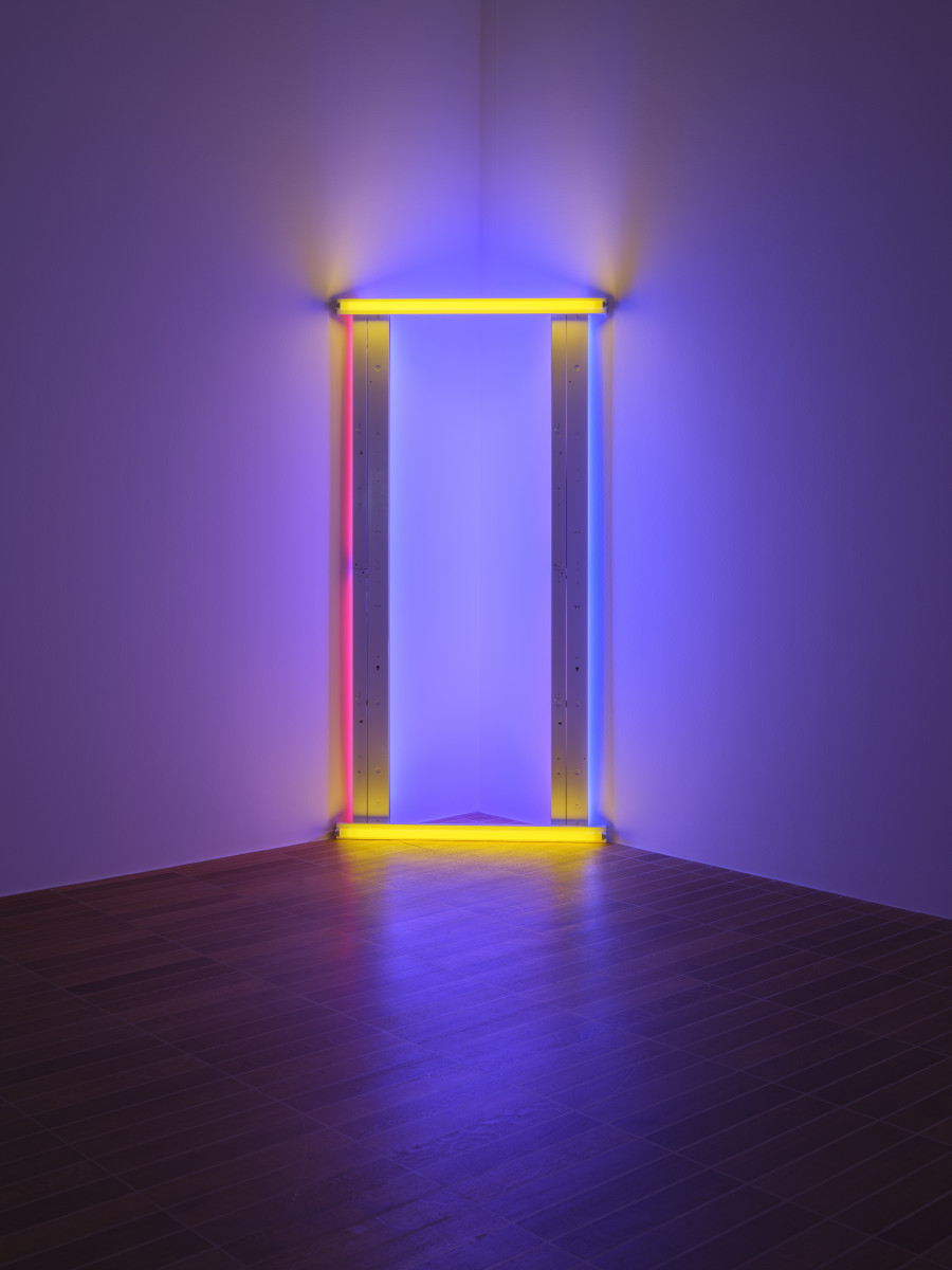 Dan Flavin, untitled (to Barnett Newman) one, 1971, yellow, red, and blue fluorescent light. © Stephen Flavin / 2024, ProLitteris, Zurich. Collection Carré d’Art-Musée d’art contemporain de Nîmes. Photo Credit: Florian Holzherr