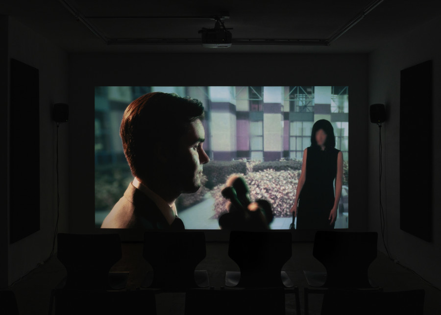 Exhibition view, Jordan Strafer, LOOPHOLE and DECADENCE, Halmet, Zürich, 2025. Jordan Strafer, LOOPHOLE, 2023, 16:9, 24’ 39’’. Photo by Tereza Glazova