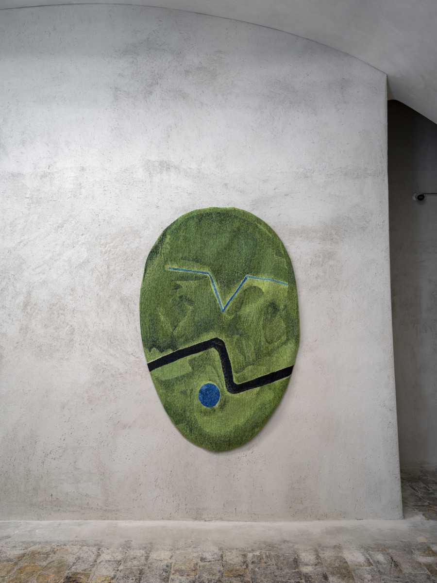 Exhibition view Sophie Taeuber-Arp / Mai-Thu Perret «Ich bin wü ü ü ü ü ü ü ü tend», Cabaret Voltaire 2022; Mai-Thu Perret, Untitled (Green Oval), 2018. Photo: Cedric Mussano