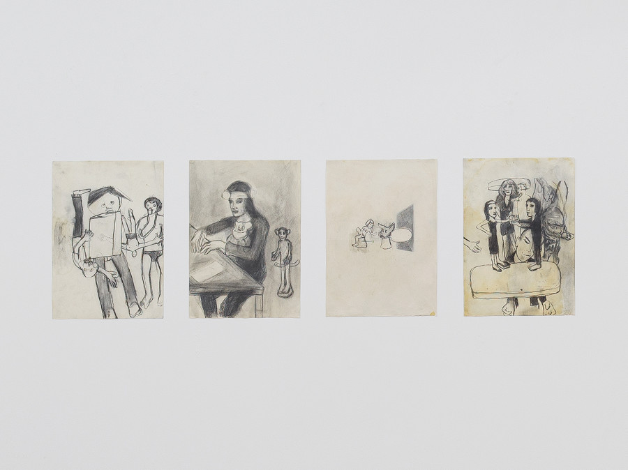 Jean-Luc Blanc, Sans titre (mèche prononcée & collier), 2017; Sans titre (écrire à table avec enfant Alien), 2018; Sans titre (professeur cochon), 1986; Sans titre (chiromancie sur scène-tablette), 1986, Pencil on paper, 21 × 29.7 cm / Photo: Cedric Mussano / Courtesy: The artist, Kirchgasse Gallery, Steckborn and Art Concept, Paris