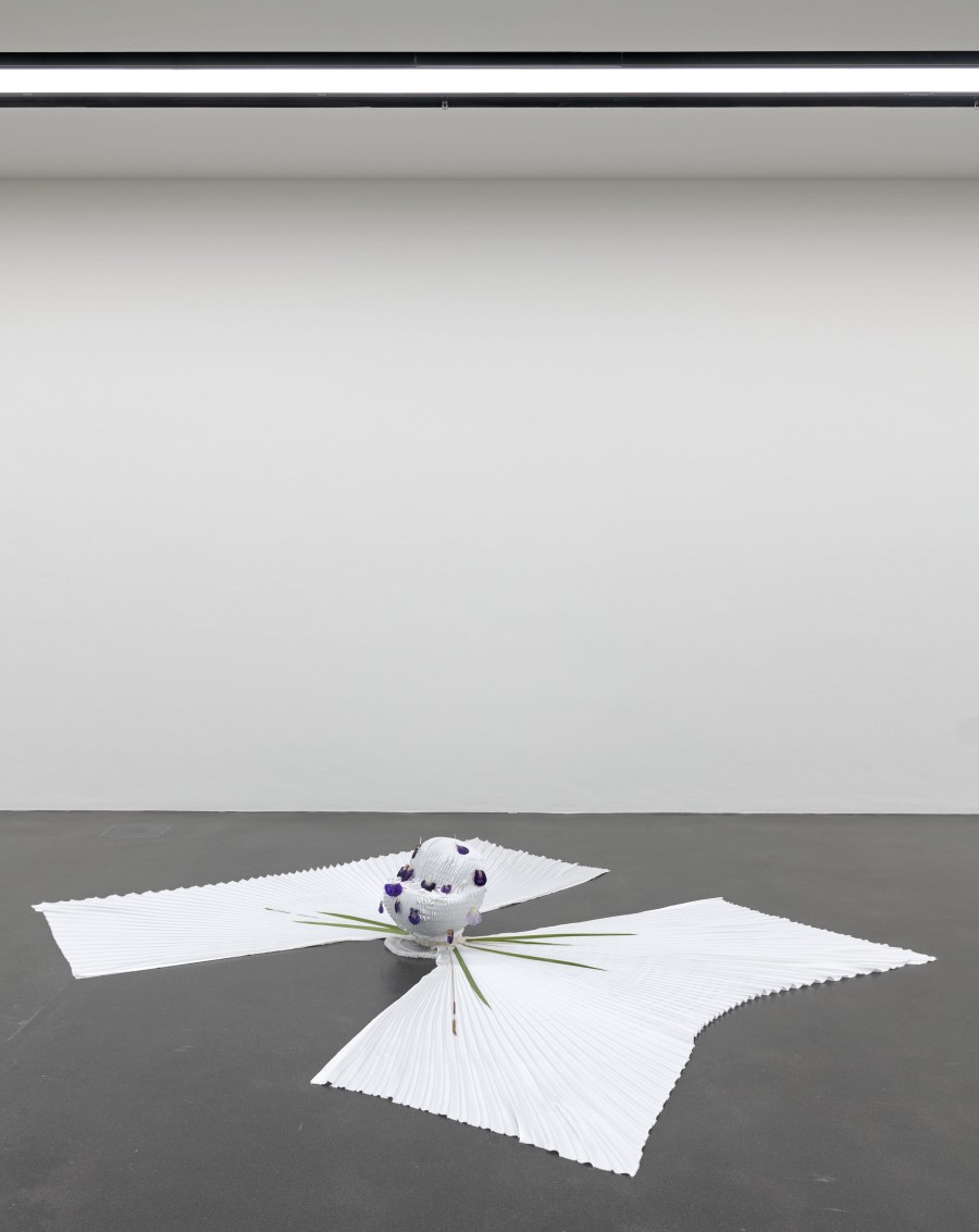 Maude Léonard-Contant, The night rules, 2023, broadleaves cattail fruits, iris leaves, petals of diverse irises («Blackout», «Dracula’s Kiss», “Anvil of Darkness”, “Tabu”, “Blackbeard” and “The night rules”), pleated satin crepe, wood, leather, pleated silk organza, pleated silk tulle, porcupi- ne squills, satin, silk cocoons, steel. Photo: Marc Latzel