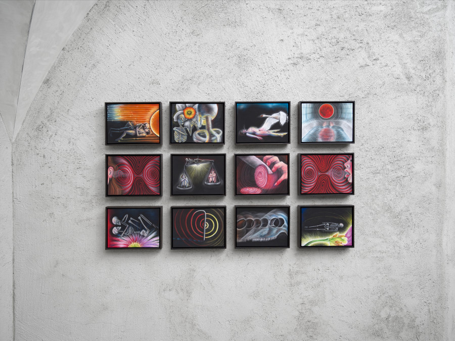 Exhibition view Emma Jung & Rebecca Ackroyd «Tage und Nächte», Cabaret Voltaire 2025; Rebecca Ackroyd, The World as I see it (Series), 2022–ongoing. Photo: Cedric Mussano. Courtesy: the artist.