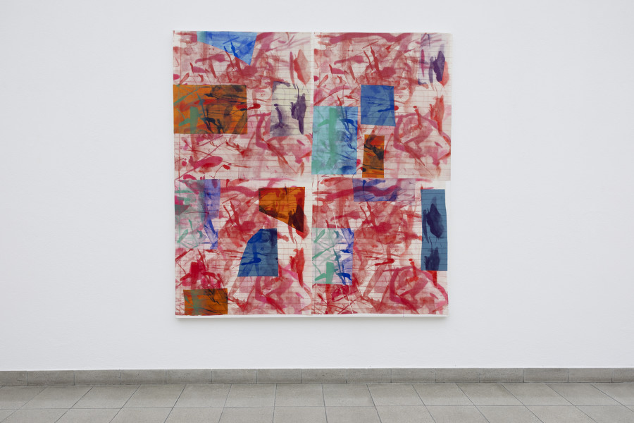 Rochelle Feinstein, The Today Show, installation view, Kunsthaus Glarus, 2025. Photo: Gina Folly. Courtesy the artist and Candice Madey Gallery. Pathology Finds Purpose, 2024, Silkscreen on muslin, acrylic, Kozo paper, oil on canvas, 182.9 x 188 cm / 74 x 72 in