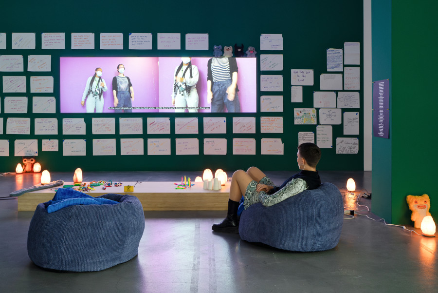 Exhibition viewInterdependencies: Perspectives on Care and Resilience, the vacuum cleaner, For They Let In The Light, 2022-2023, Single-channel video installation (color, sound), various materials. Courtesy the artist. Photo: Studio Stucky