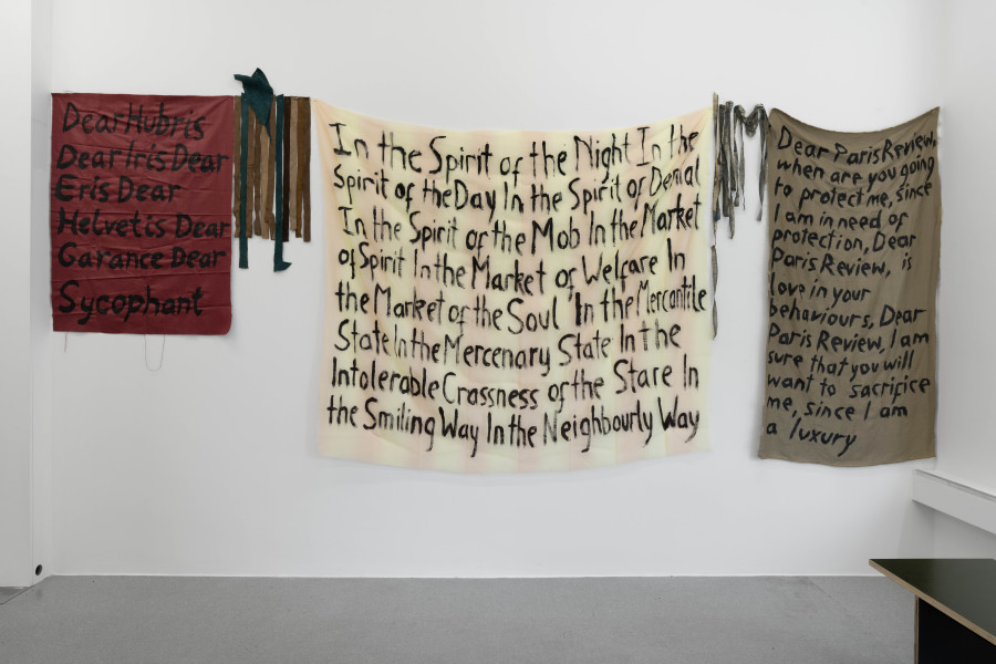 Billy Morgan, From left to right: Red Letters (Hubris), Bridges (2), Red Letters (Spirit), Bridges (3), Red Letters (Paris Review), all 2025. Installation view from the solo show Lackadaisies, curated by marytwo, jevouspropose, Zurich, 2025. Courtesy the artist and marytwo, photo: marytwo, Elvira Baettig