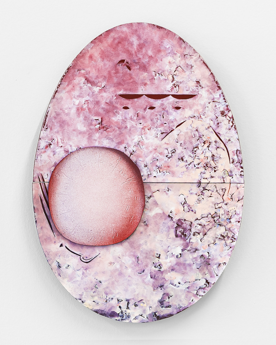 Exhibition view « Version Cue », Niels Trannois, Lacunaires, les stances, 2025, oil on porcelain laser-engraved on MDF, 51x36 cm, CALM – Centre d’Art La Meute, Lausanne, Switzerland, 2025 / Photo: Théo Dufloo / Courtesy of the artist.