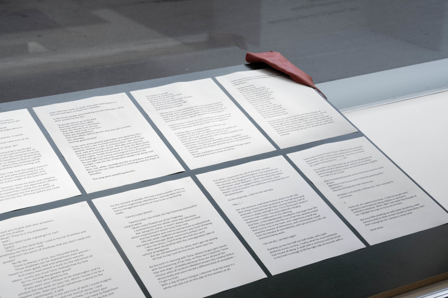 Billy Morgan, Detail of Lackadaisies (A Play for the Lead), 2025, Laser print on paper, leather, 18 DIN A4 pages. Installation view from the solo show Lackadaisies, curated by marytwo, jevouspropose, Zurich, 2025. Courtesy the artist and marytwo, photo: marytwo, Elvira Baettig