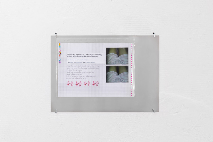 Gaia Del Santo, ‘angel complex’, 2022, Steel plate, ballpoint pen on paper, stickers on plastic sleeve, Installation view at Last Tango, Zurich, 2023, photo by Luca Klett