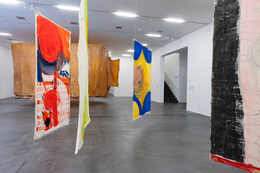 Vivian Suter, Ohne Titel, Mixed media on canvas, Heidi Bucher, Hautraum (Ricks Kinderzimmer, Lindgut Winterthur), 1987, Gossamer, fish glue, latex, bamboo, wire. Sammlung Migros Museum für Gegenwartskunst. Photo: Studio Stucky, copy- right Vivian Suter and The Estate of Heidi Bucher