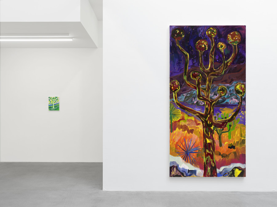 Installation view, Shara Hughes, Tree Farm, Galerie Eva Presenhuber, Waldmannstrasse, Zurich, 2024. © Shara Hughes. Courtesy the artist and Galerie Eva Presenhuber, Zurich / Vienna. Photo: Stefan Altenburger Photography, Zürich