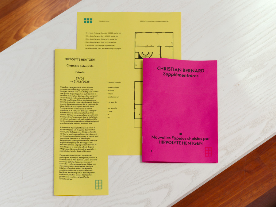 Communication graphique par Fanette Mellier de l’exposition « Chambre à deux lits » d’Hippolyte Hentgen à la Villa du Parc - centre d’art contemporain - Aurélien Mole, 2025.