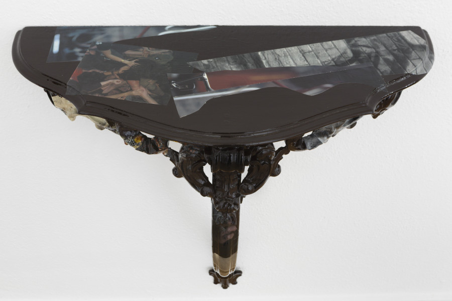 Virginia Ariu, Serenade, 2025, Wood, magazine clippings, varnish, primer, vinyl glue, 82.5 x 76 x 30 cm. Exhibition view, Virginia Ariu, Exercises of Abstraction, Sentiment, Zürich, 2025. Photo credit: Philipp Rupp / Julien Gremaud. Courtesy of the artist and Sentiment