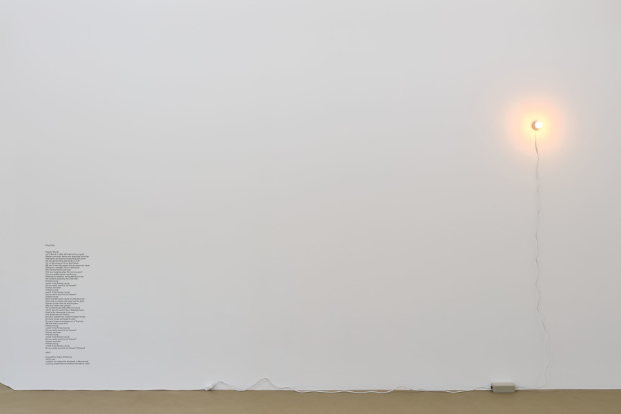 Forever Young, Gina Folly, « Gina Folly. Autofocus », exhibition view at the Kunstmuseum Basel | Gegenwart, 2023, Transmitter, cable, light bulb, coding, 3min 23 sec, loop, © by the artist / the artist, Gina Folly, 2023, Photo: Max Ehrengruber.