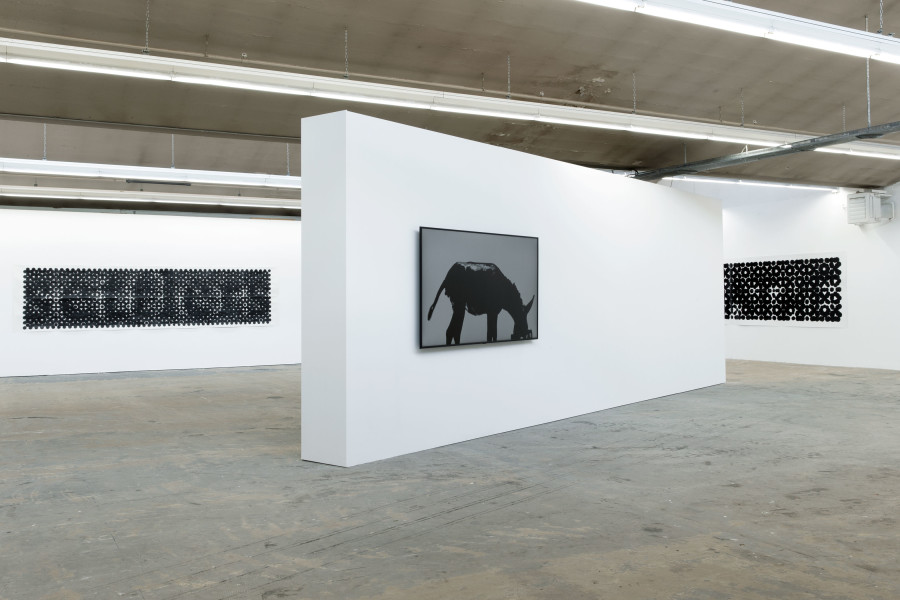 Sharif Waked, Arabesque No. 8 (Settlers), 2020; Just A Moment No. 21 (Shit), 2018; Arabesque No. 11 (Breathe). Ausstellungsansicht / installation view Kunsthaus Baselland 2020. Foto / Photo: Gina Folly.