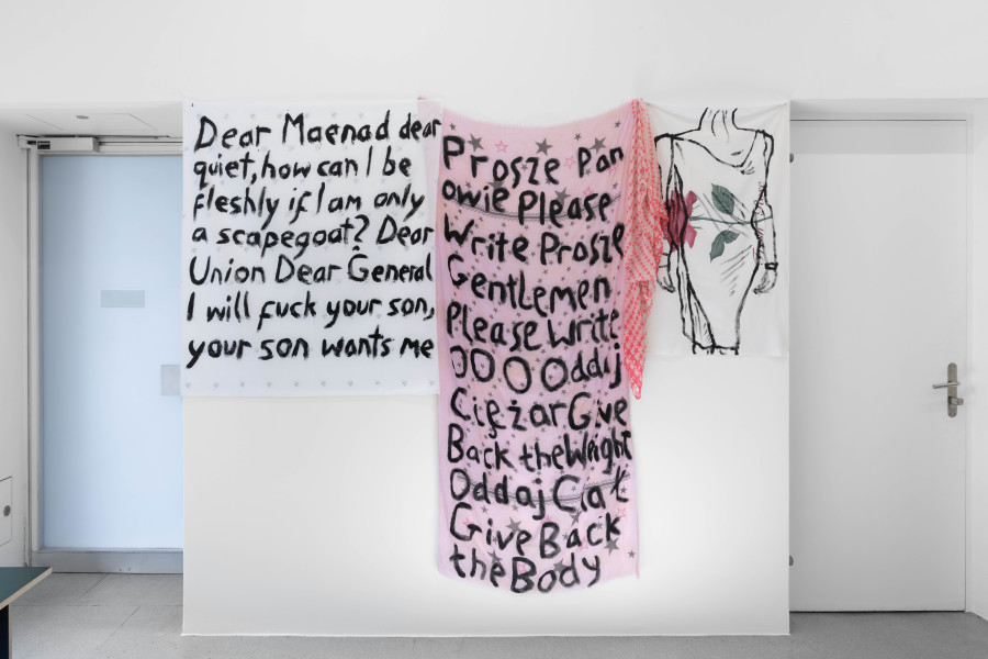 Billy Morgan, From left to right: Red Letters (Maenad), Red Letters (Panowie), Bridges (1), Red Letters (Rose), all 2025. Installation view from the solo show Lackadaisies, curated by marytwo, jevouspropose, Zurich, 2025. Courtesy the artist and marytwo, photo: marytwo, Elvira Baettig