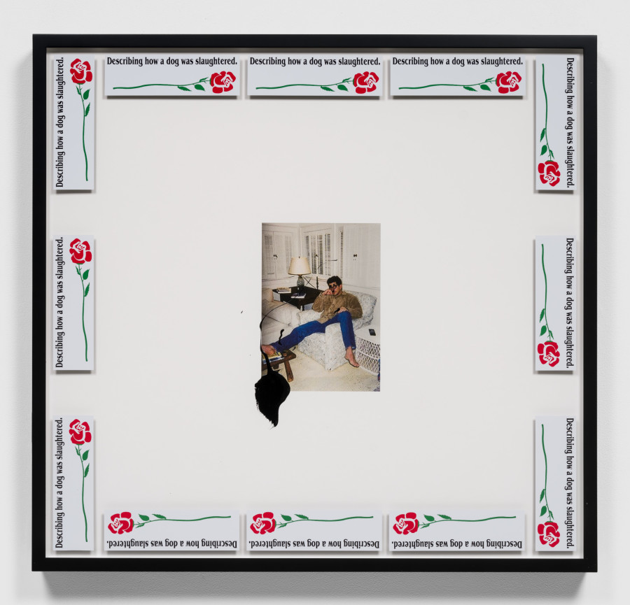 Jordan Wolfson, Untitled, 2020. Archival inkjet print with enamel paint and marker, in powder-coated aluminum artist’s frame with decals, 45 x 41 x 3 inches (114.3 x 104.1 x 7.6 cm). © Jordan Wolfson. Photo: Ed Mumford. Courtesy the artist and Gagosian