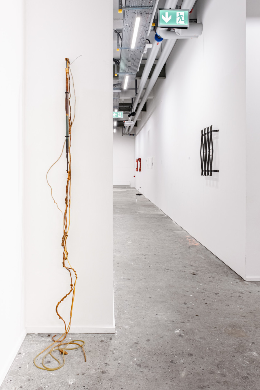 Exhibition View Group Show «Zahltag; view on Matheline Marmy, Saturate (Displacement), 2022, glass tube, water, copper oxide, iron oxide, steel wire, patinated steel, 80 x 10 cm» at Le Commun, Geneva, 2024 / Photo: Daniel Leal / Courtesy: Spielact Festival