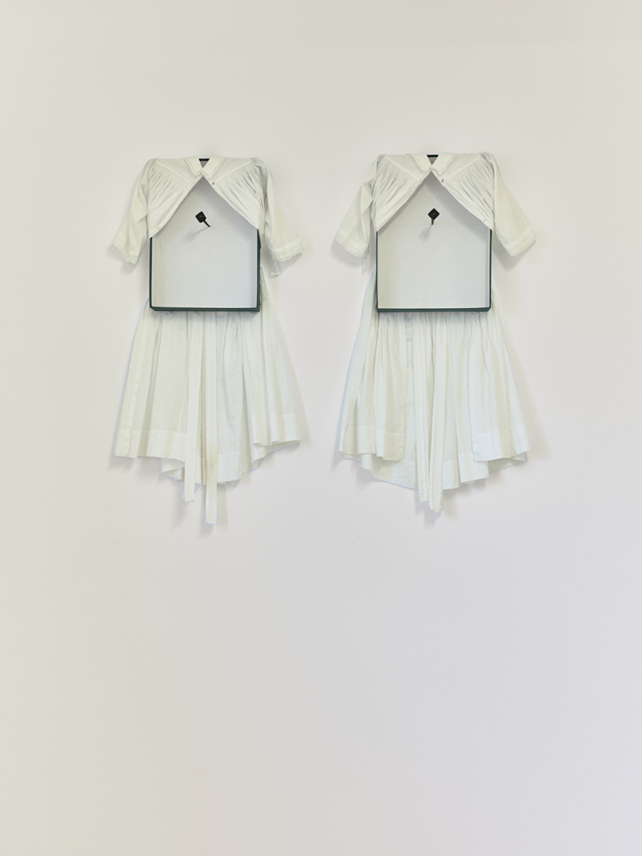 Exhibition View, ‘Stitches: A Haunted House and Other Ghost Stories’ at the Villa Bernasconi, 2026 / Photo by Nicolas Delaroche Studio. Claire van Lubeek, Cradled – Twins, 2026, cardboard, cotton, lace, forged nail, 2 pieces